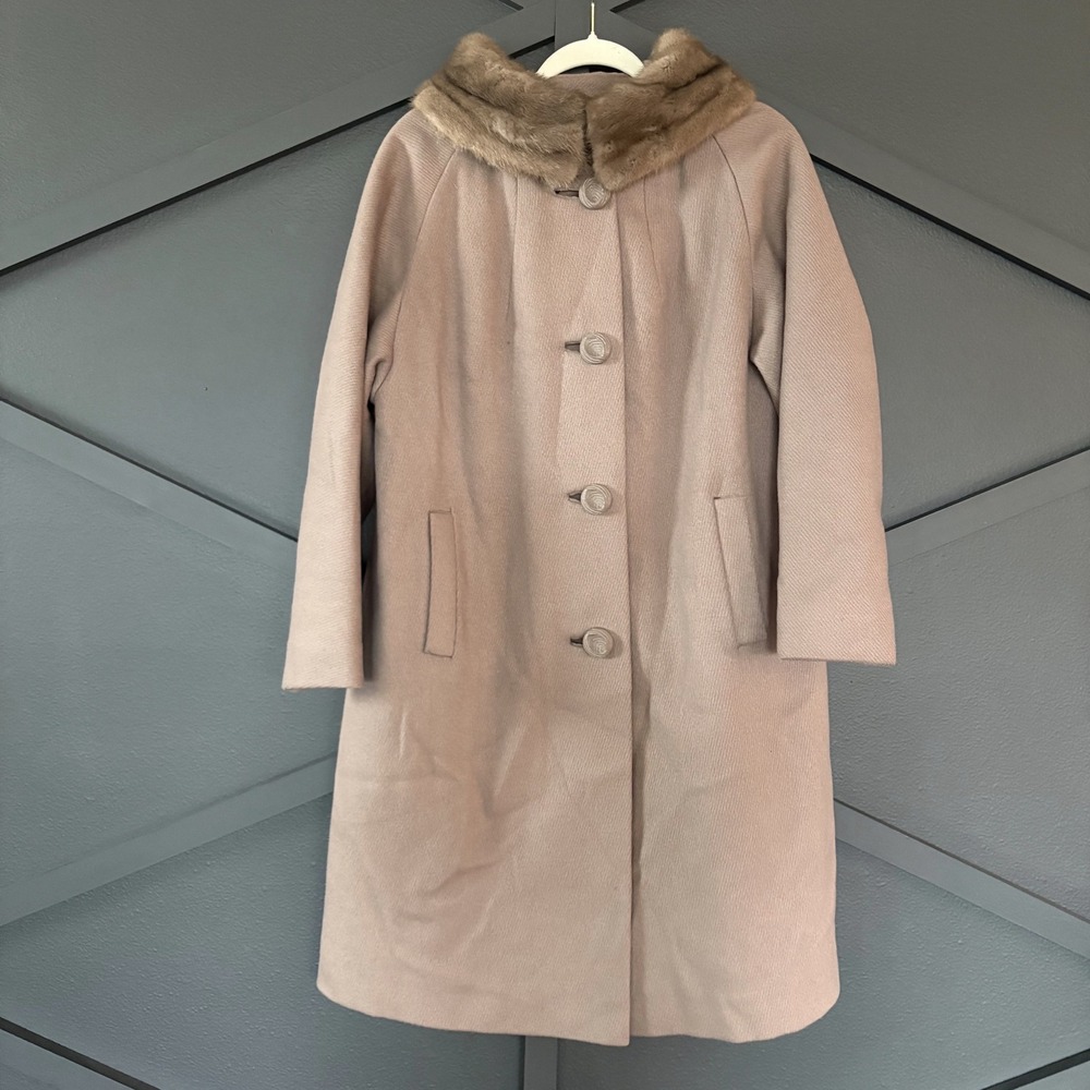 VTG Union Made Fur Collar Wool Coat‎ Mauve Taupe 50s-60s Mid Century Mod Sz L/XL